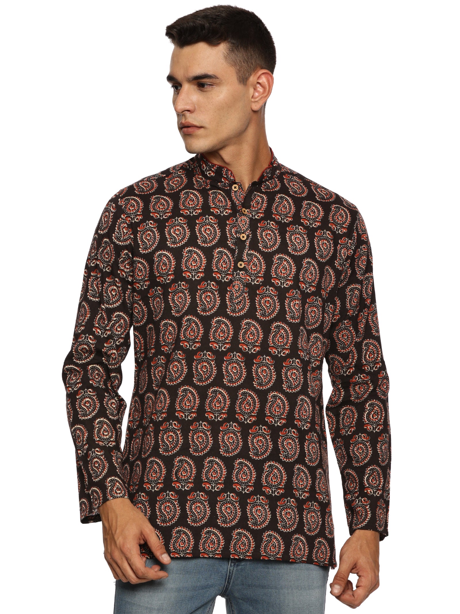 KuJee Crafts Men’s Short Kurta in Premium Cotton Ajrak Fabric