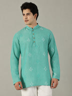 KuJee Crafts Men's Short Cotton Kurta with Dobby Texture in Green.