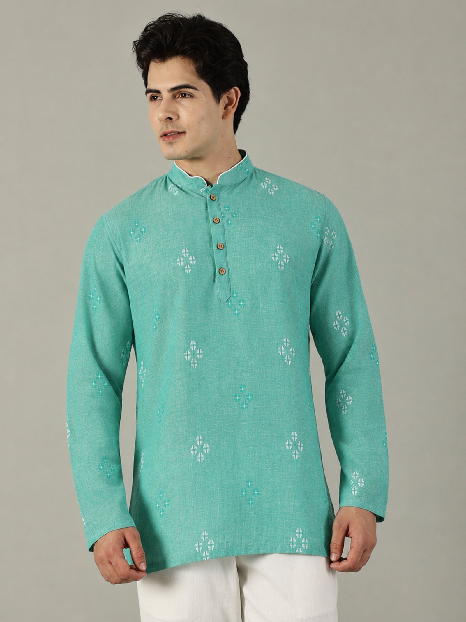 KuJee Crafts Men's Short Cotton Kurta with Dobby Texture in Green.