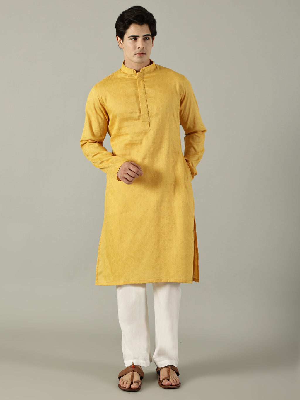 KuJee Crafts Men's Cotton Kurta Set ( Kurta & Pyjama) with in Yellow Color (2pcs).