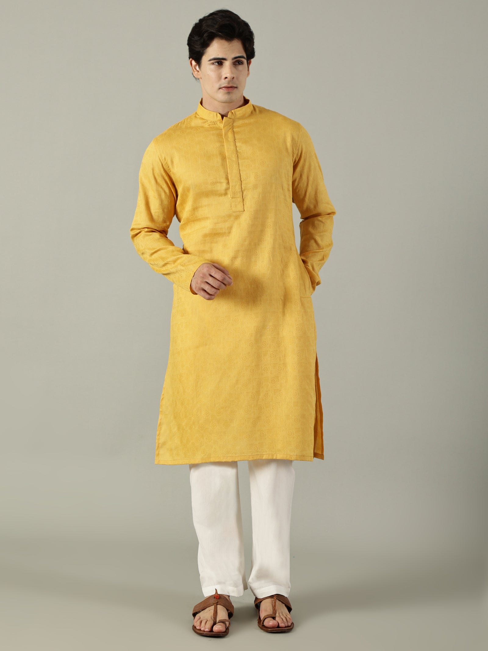 KuJee Crafts Men's Cotton Kurta Set ( Kurta & Pyjama) with in Yellow Color (2pcs).