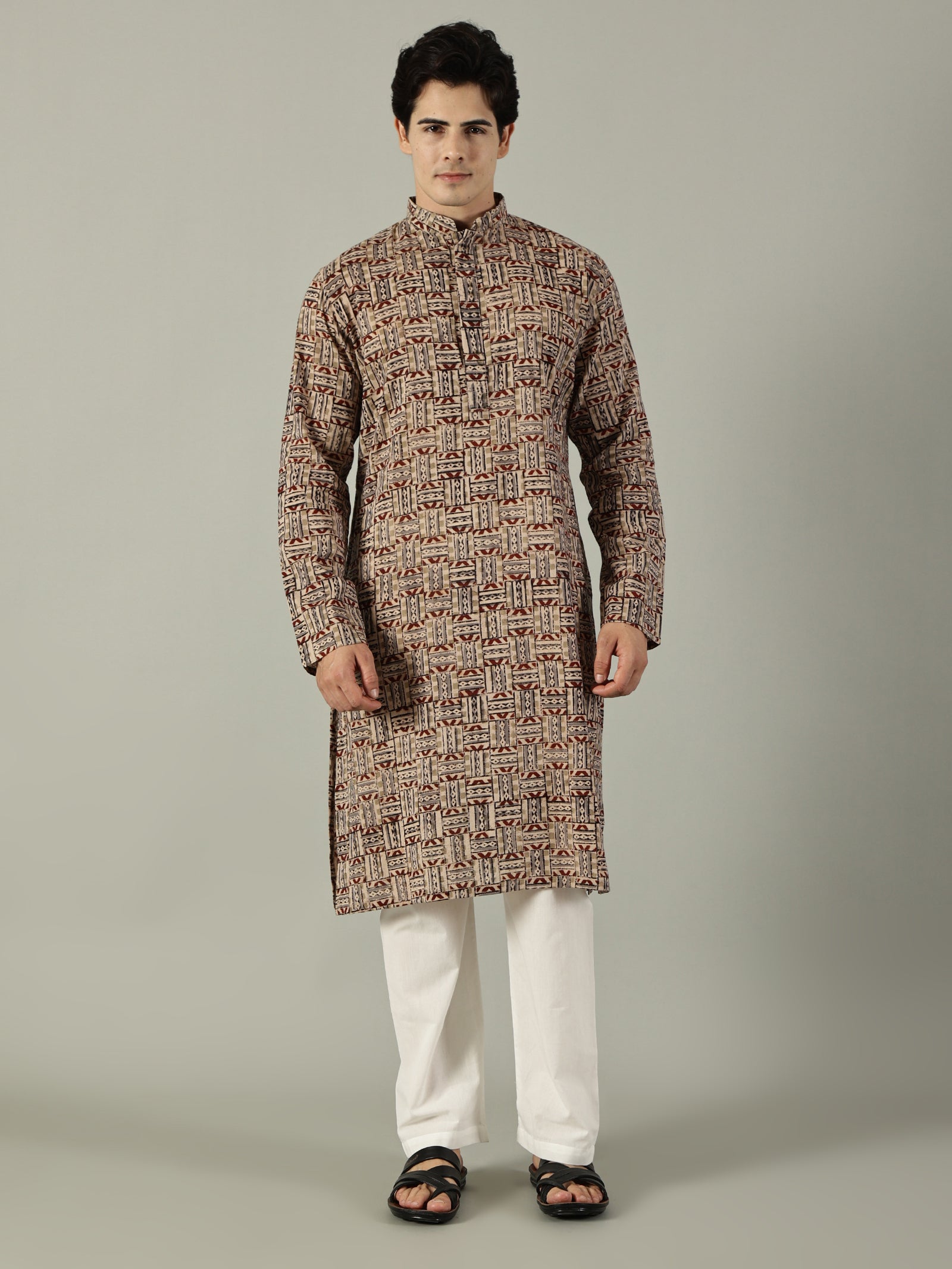 KuJee Crafts Men's Cotton Kalamkari Fabric Kurta with Brown Base