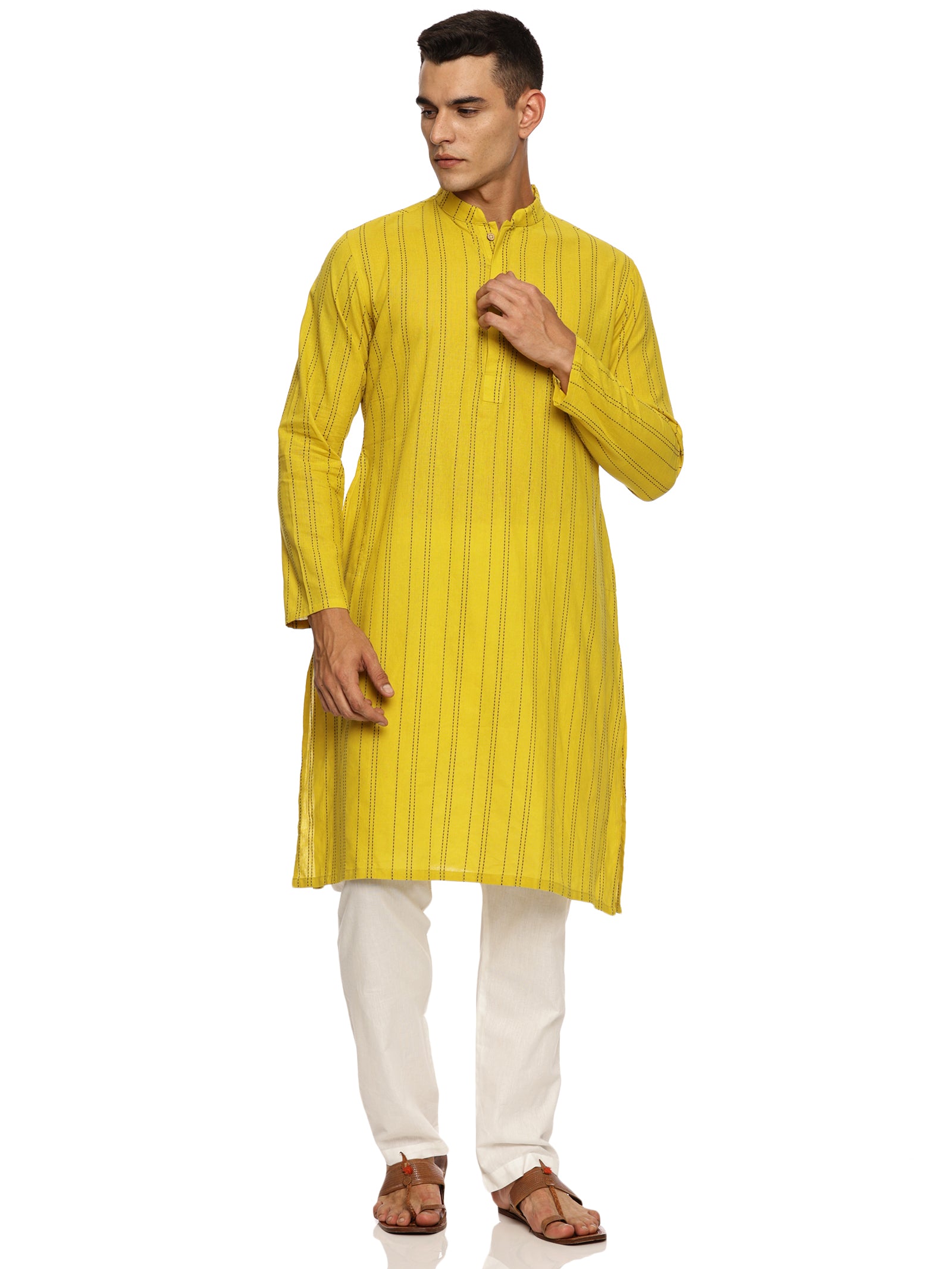 KuJee Crafts Men’s Cotton Kurta Pajama set with Dobby Texture in Yellow Color.