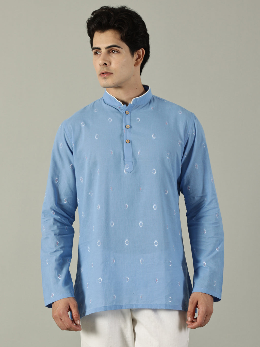 KuJee Crafts Men's Short Cotton Kurta with Dobby Texture in Blue.