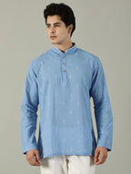 KuJee Crafts Men's Short Cotton Kurta with Dobby Texture in Blue.
