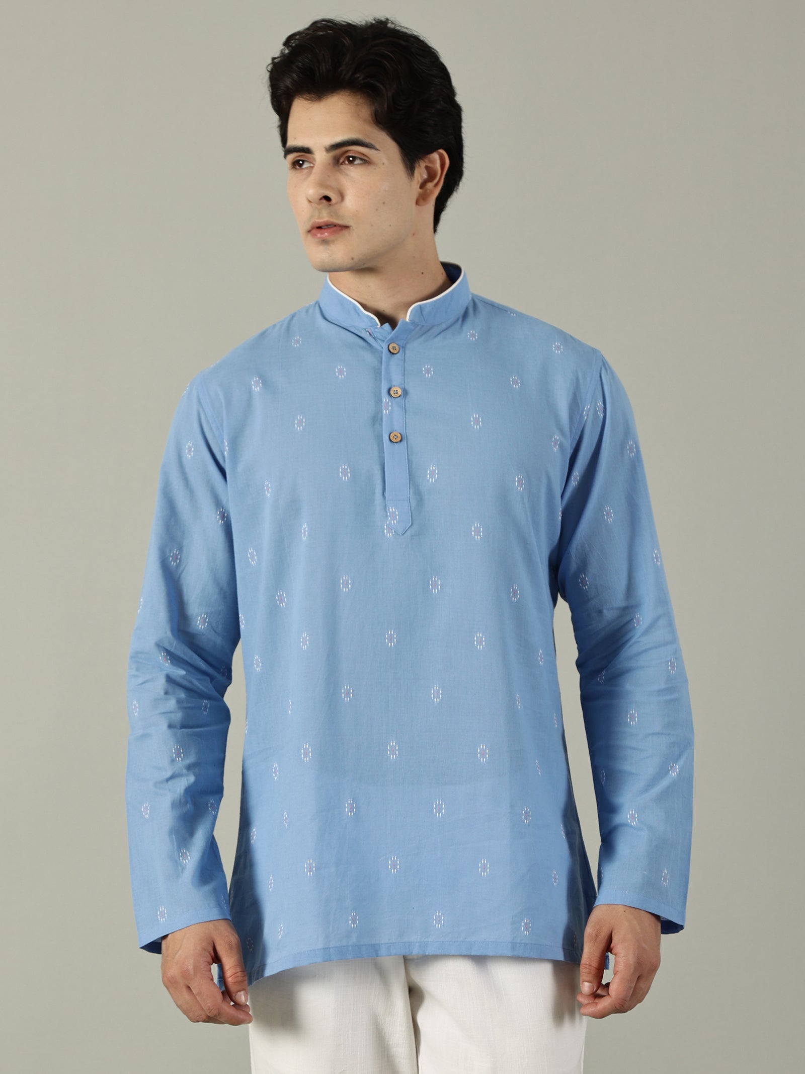 KuJee Crafts Men's Short Cotton Kurta with Dobby Texture in Blue.