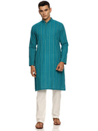 KuJee Crafts Men's Cotton Kurta Pajam set with Dobby Texture in Blue Color.
