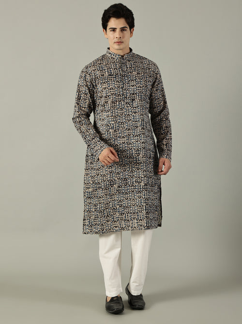 KuJee Crafts Men's Cotton Kalamkari Fabric Kurta Set ( Kurta & Pyjama) with Blue Base (2pcs).