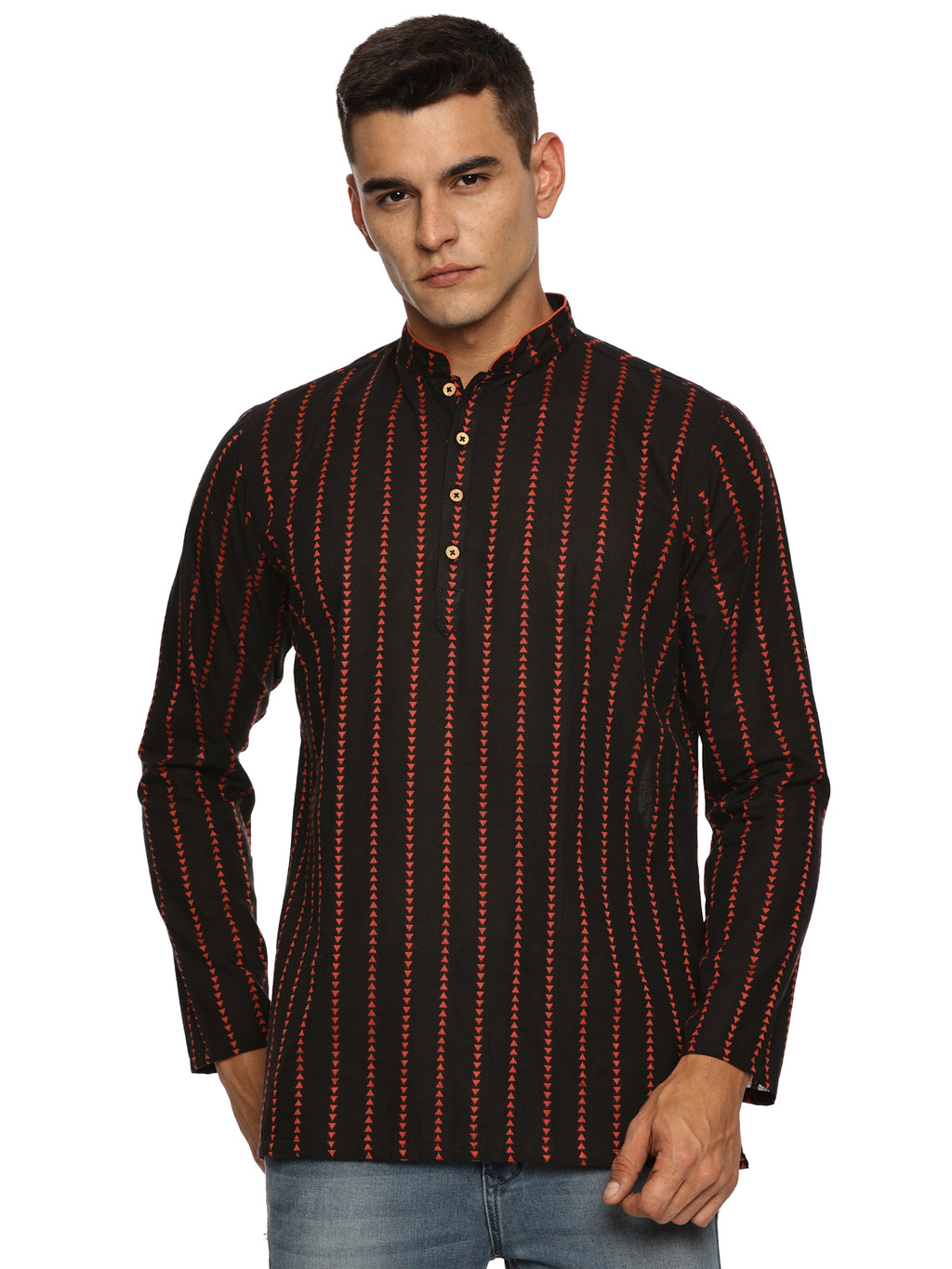 KuJee Crafts Men's Short Cotton Kurta with Dobby Texture in Black Color.