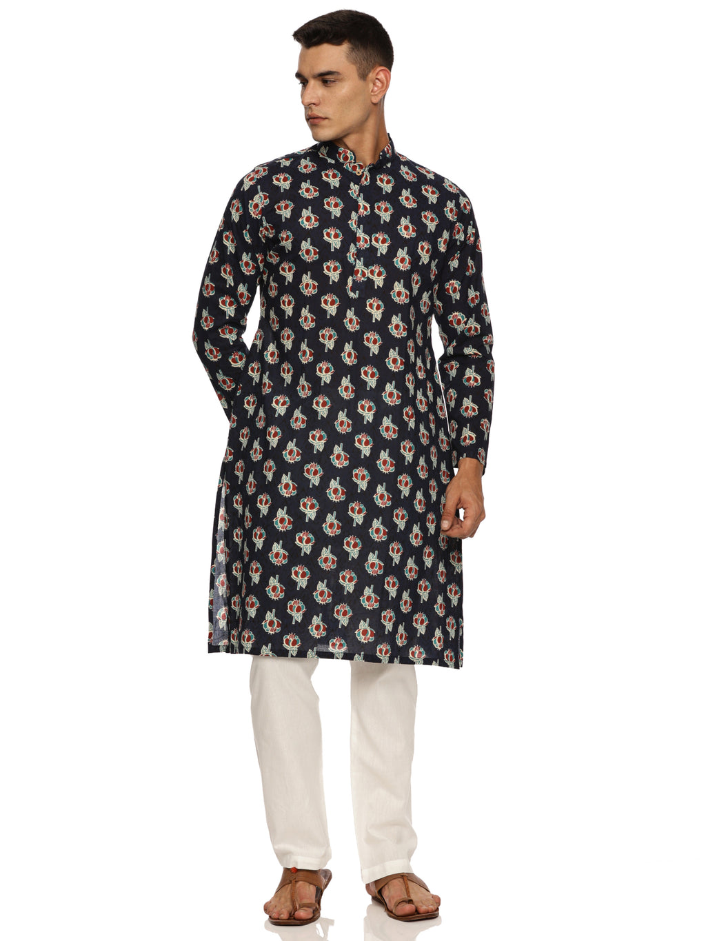 KuJee Crafts Men's Cotton Blend Printed Kurta (Blue base color)