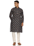 KuJee Crafts Men's Cotton Blend Printed Kurta (Blue base color)