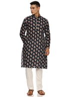 KuJee Crafts Men's Cotton Blend Printed Kurta (Blue base color)