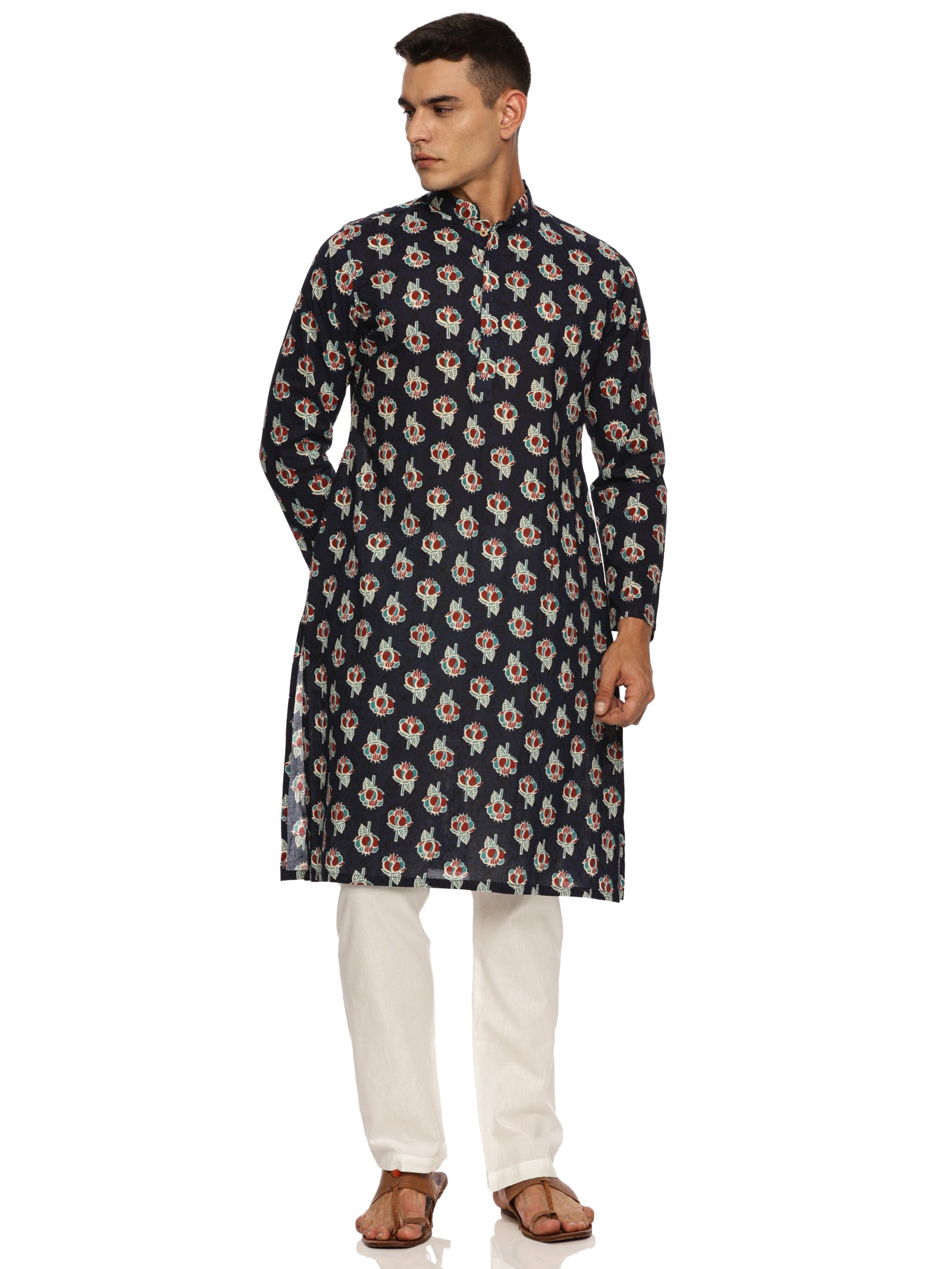 KuJee Crafts Men's Cotton Blend Printed Kurta (Blue base color)
