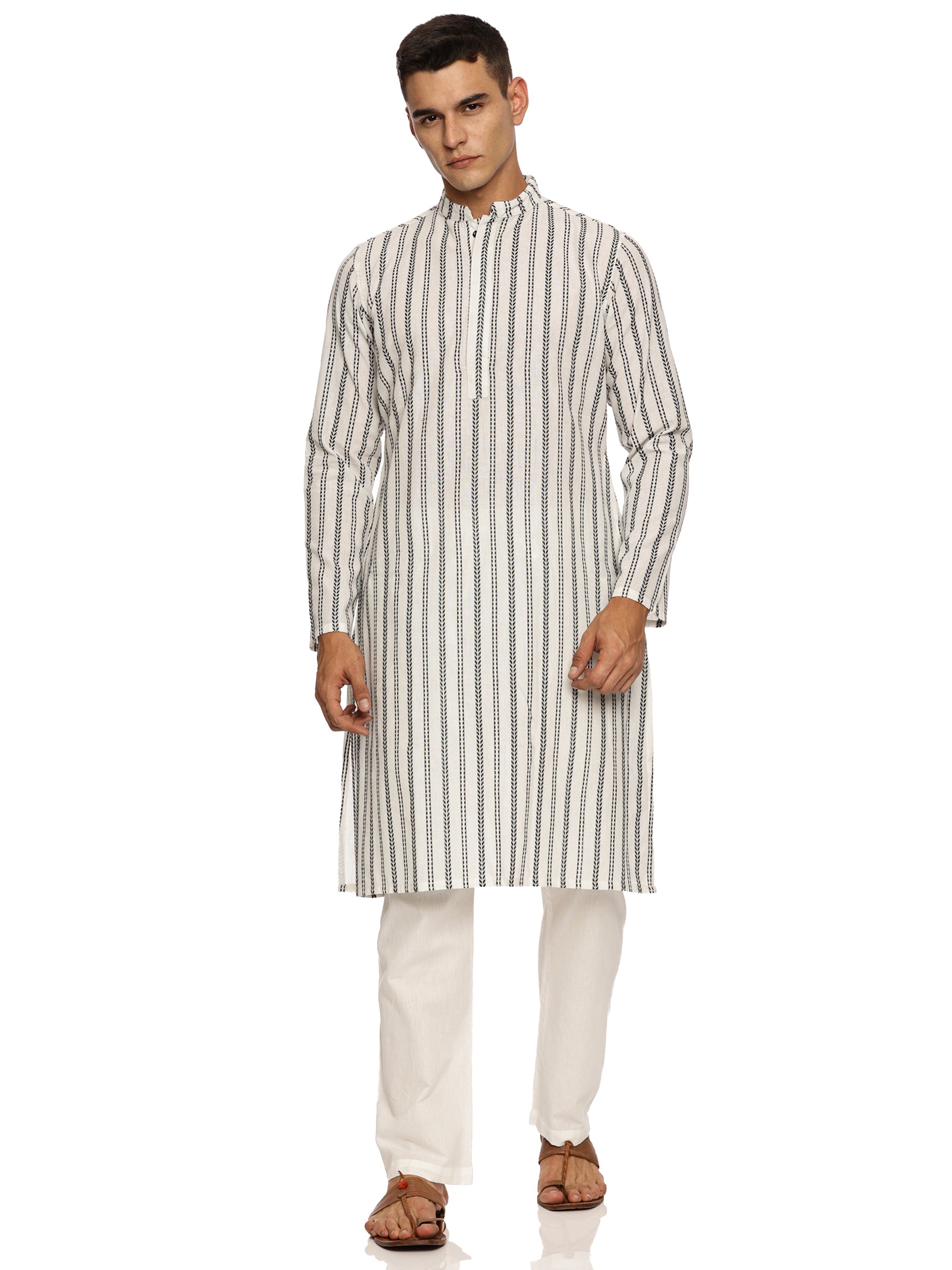 KuJee Crafts Men's Cotton Kurta Pajama Set with Dobby Texture in White Color.