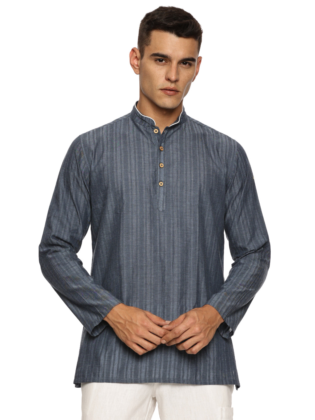 KuJee Crafts Men’s Blue Striped Cotton Short Kurta.