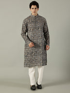 KuJee Crafts Men's Cotton Kalamkari Fabric Kurta with Blue Base.