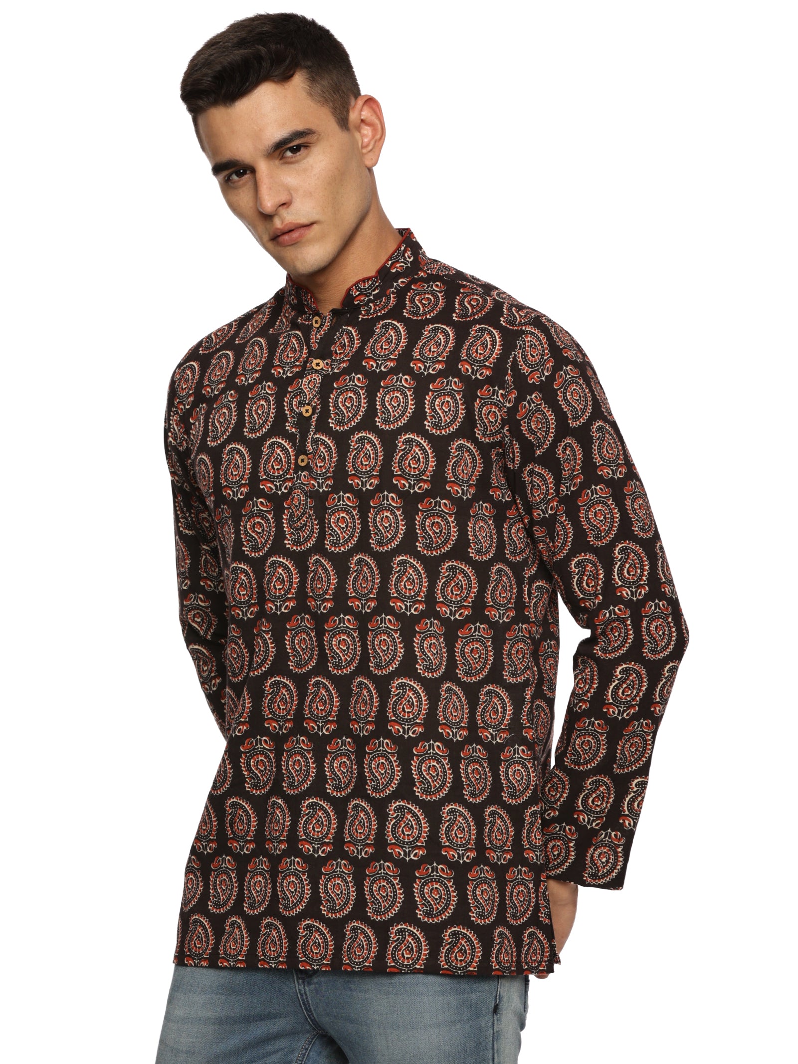 KuJee Crafts Men’s Short Kurta in Premium Cotton Ajrak Fabric