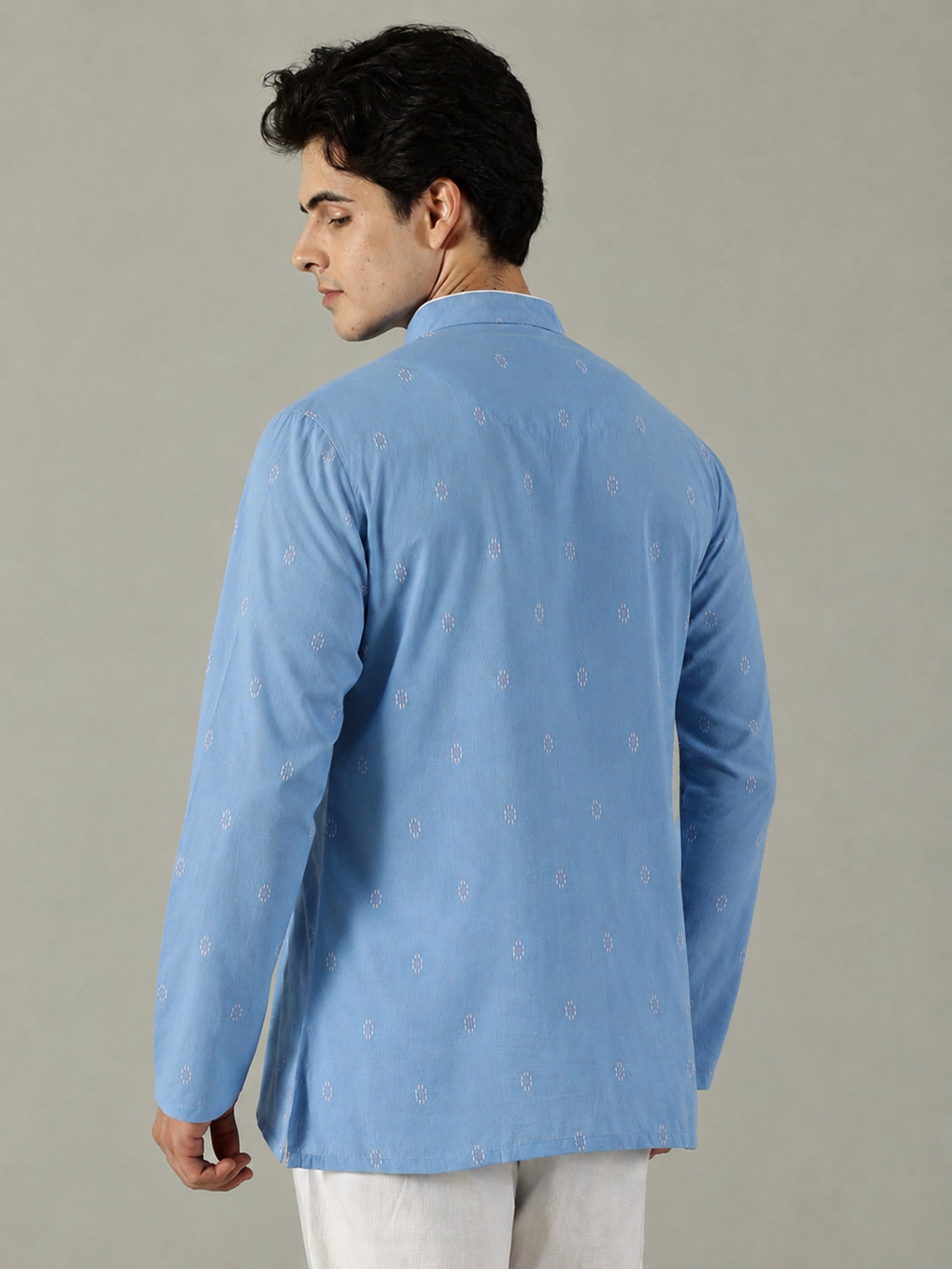 KuJee Crafts Men's Short Cotton Kurta with Dobby Texture in Blue.