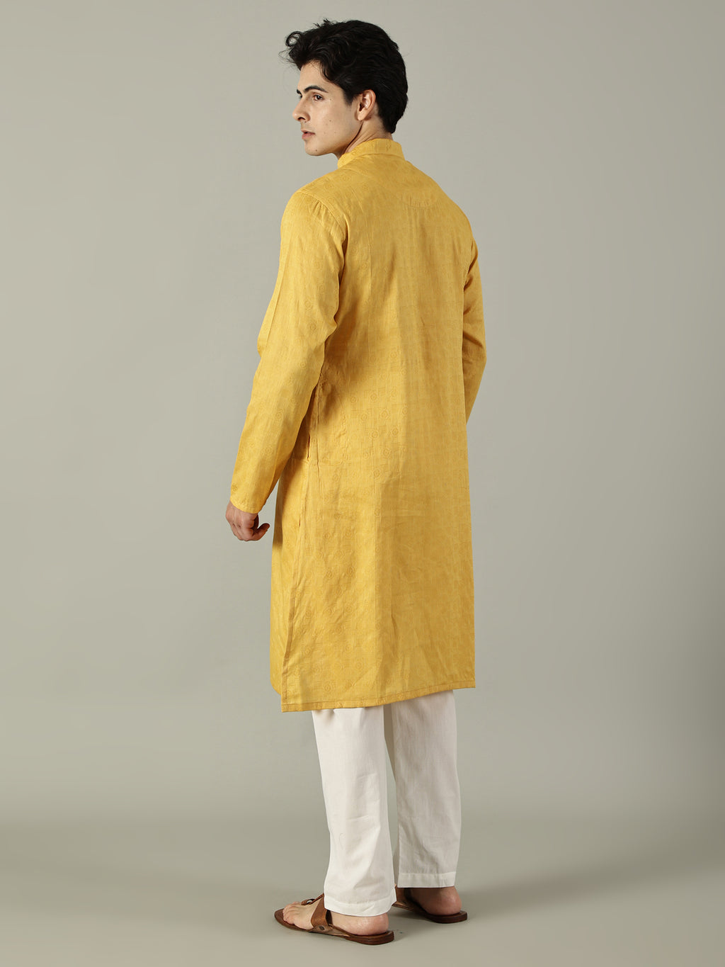 KuJee Crafts Men's Cotton Kurta Set ( Kurta & Pyjama) with in Yellow Color (2pcs).