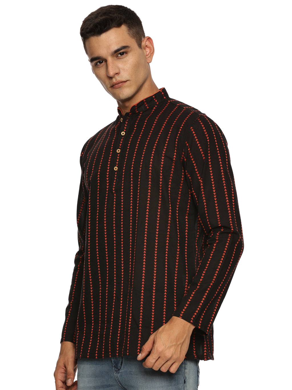 KuJee Crafts Men's Short Cotton Kurta with Dobby Texture in Black Color.