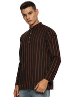 KuJee Crafts Men's Short Cotton Kurta with Dobby Texture in Black Color.