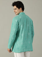 KuJee Crafts Men's Short Cotton Kurta with Dobby Texture in Green.