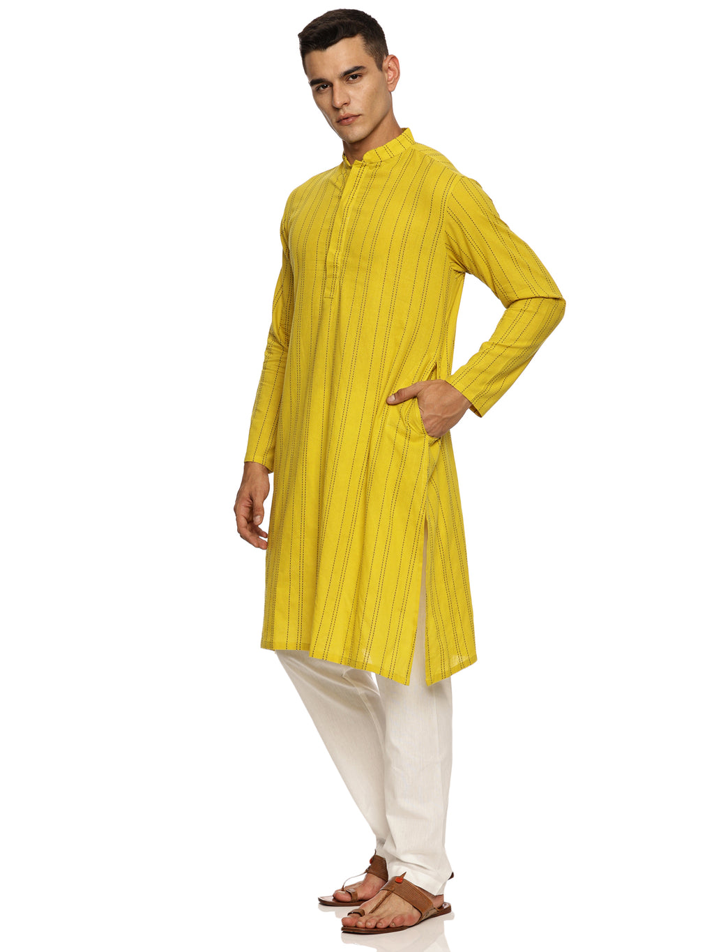 KuJee Crafts Men’s Cotton Kurta Pajama set with Dobby Texture in Yellow Color.