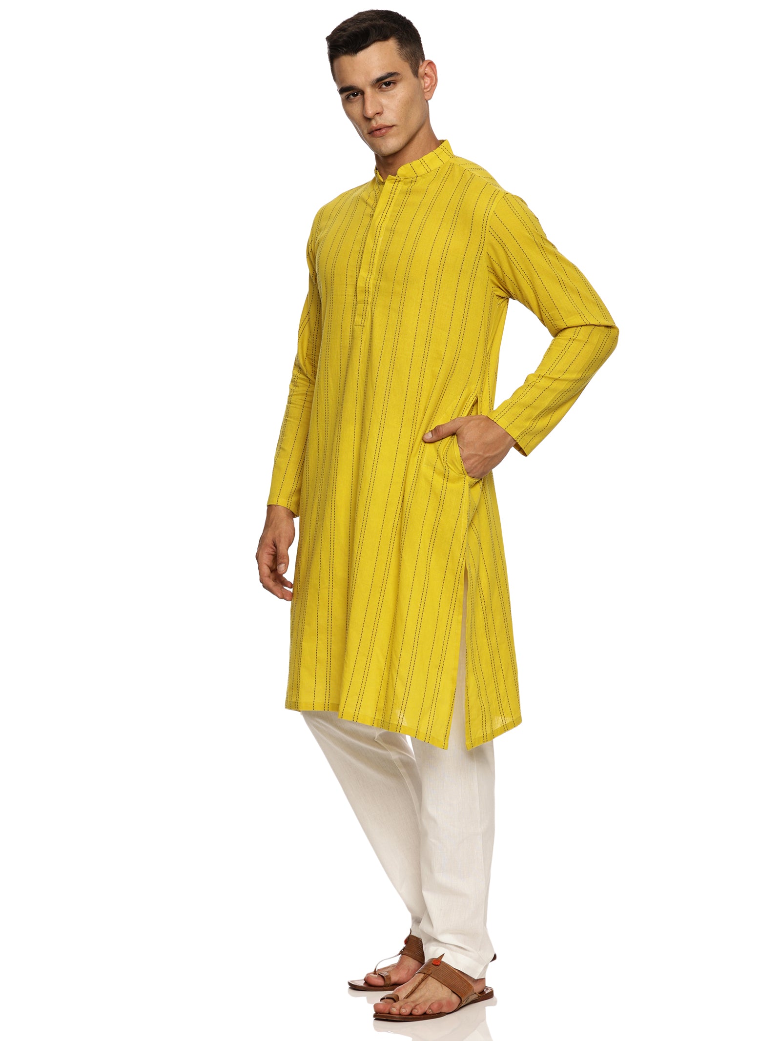 KuJee Crafts Men’s Cotton Kurta Pajama set with Dobby Texture in Yellow Color.