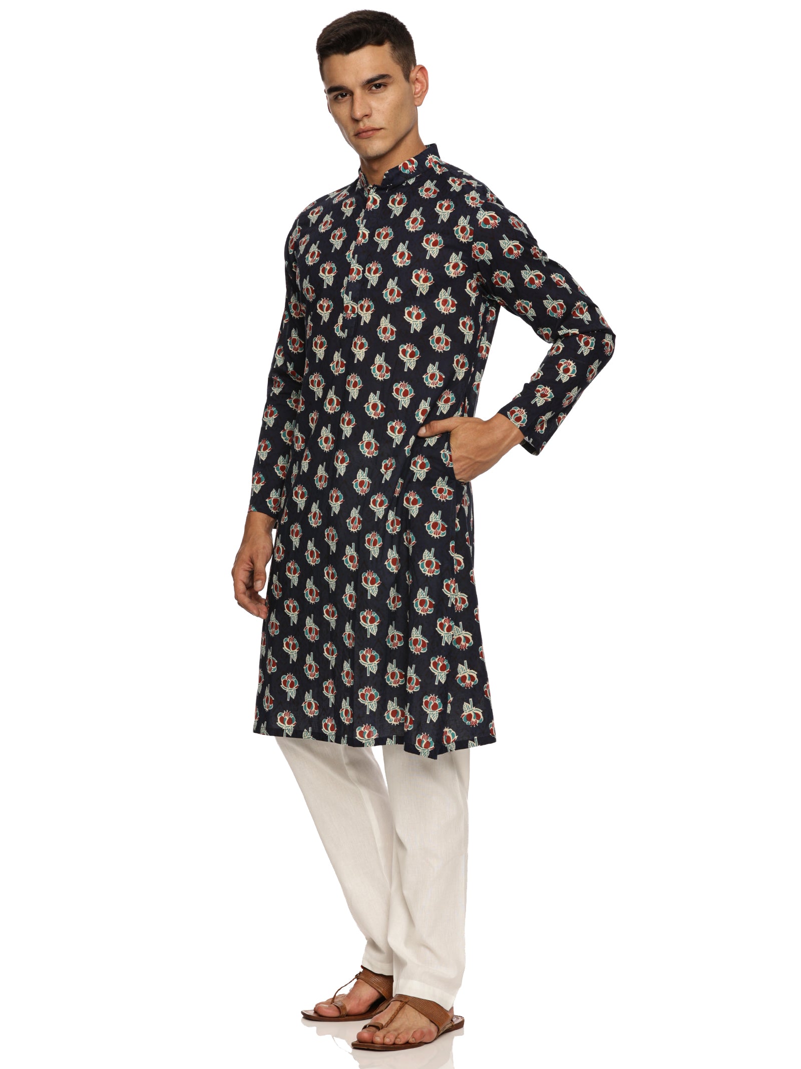 KuJee Crafts Men's Cotton Blend Printed Kurta Pajama Set(Blue base color)
