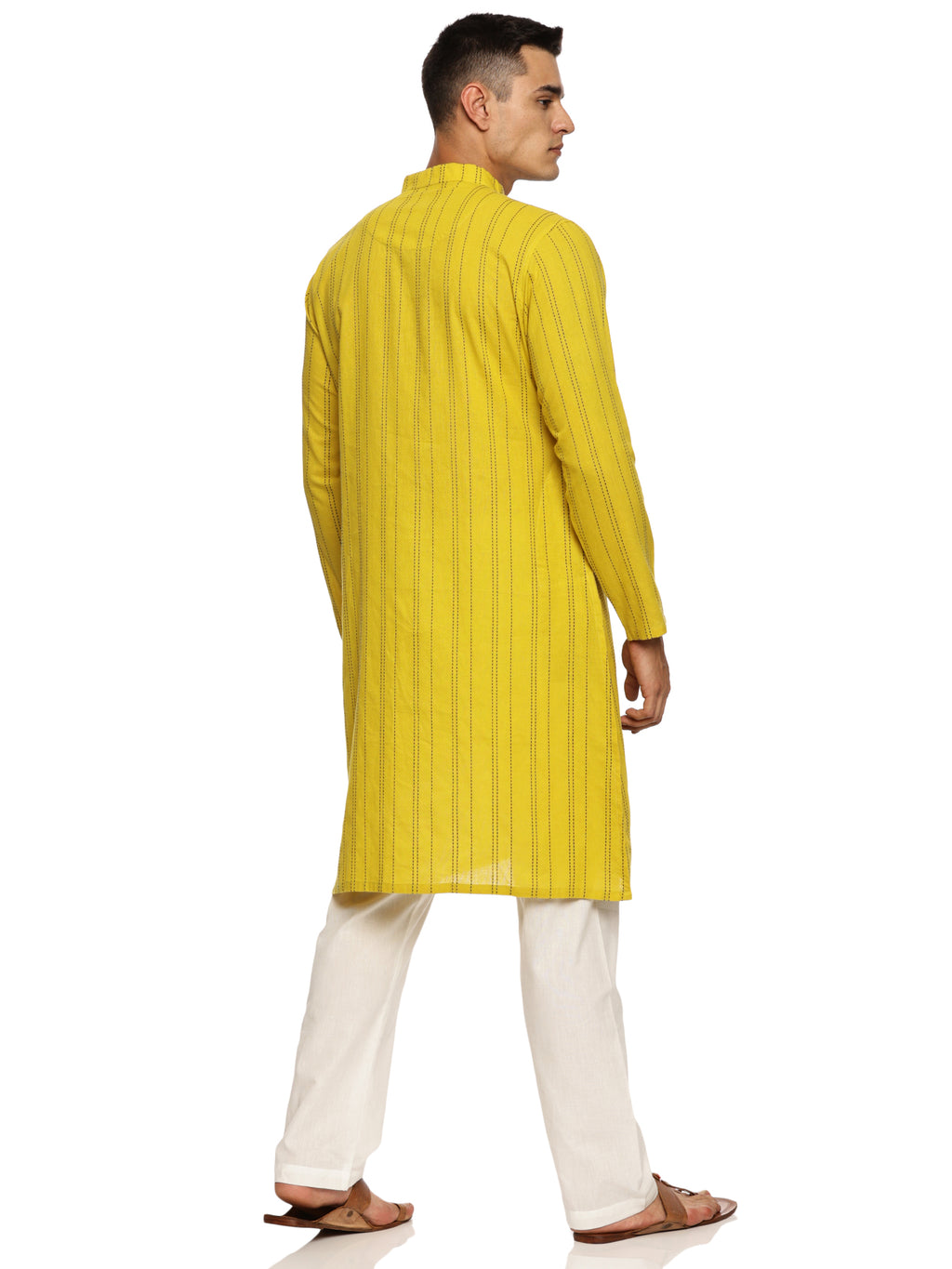 KuJee Crafts Men’s Cotton Kurta with Dobby Texture in Yellow Color.