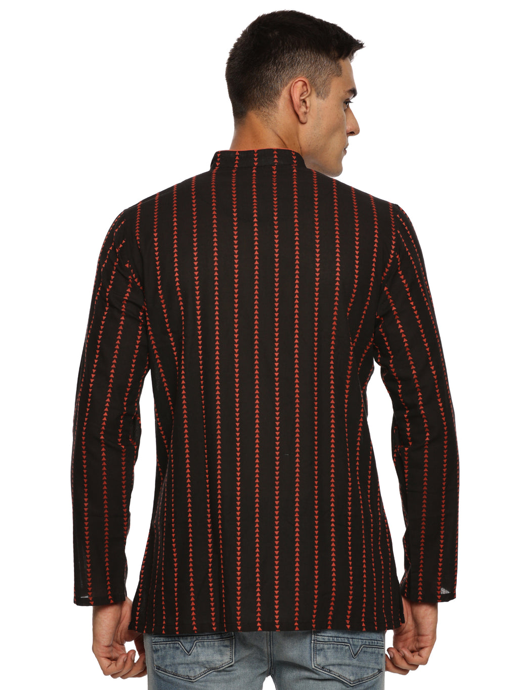 KuJee Crafts Men's Short Cotton Kurta with Dobby Texture in Black Color.