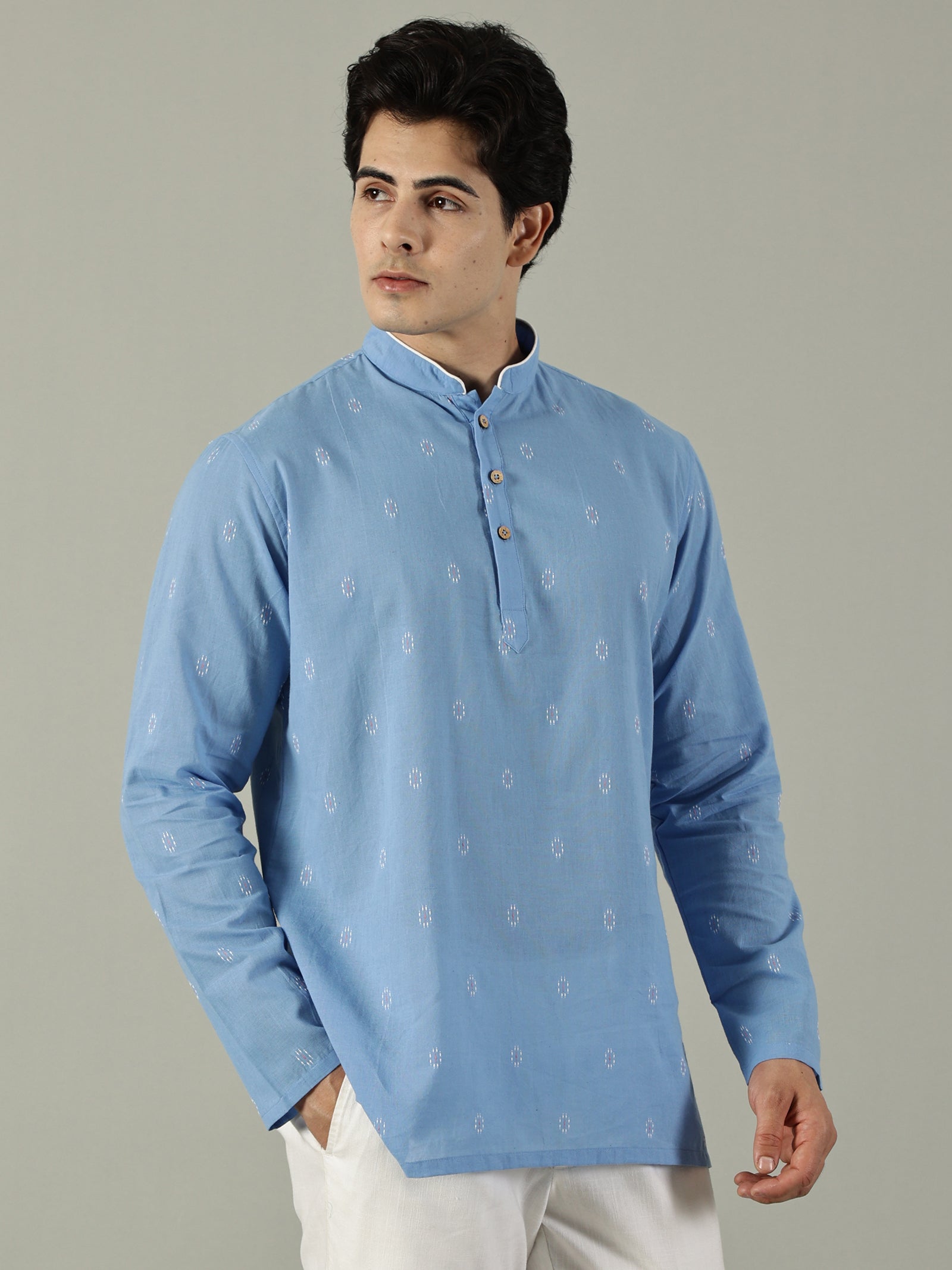 KuJee Crafts Men's Short Cotton Kurta with Dobby Texture in Blue.