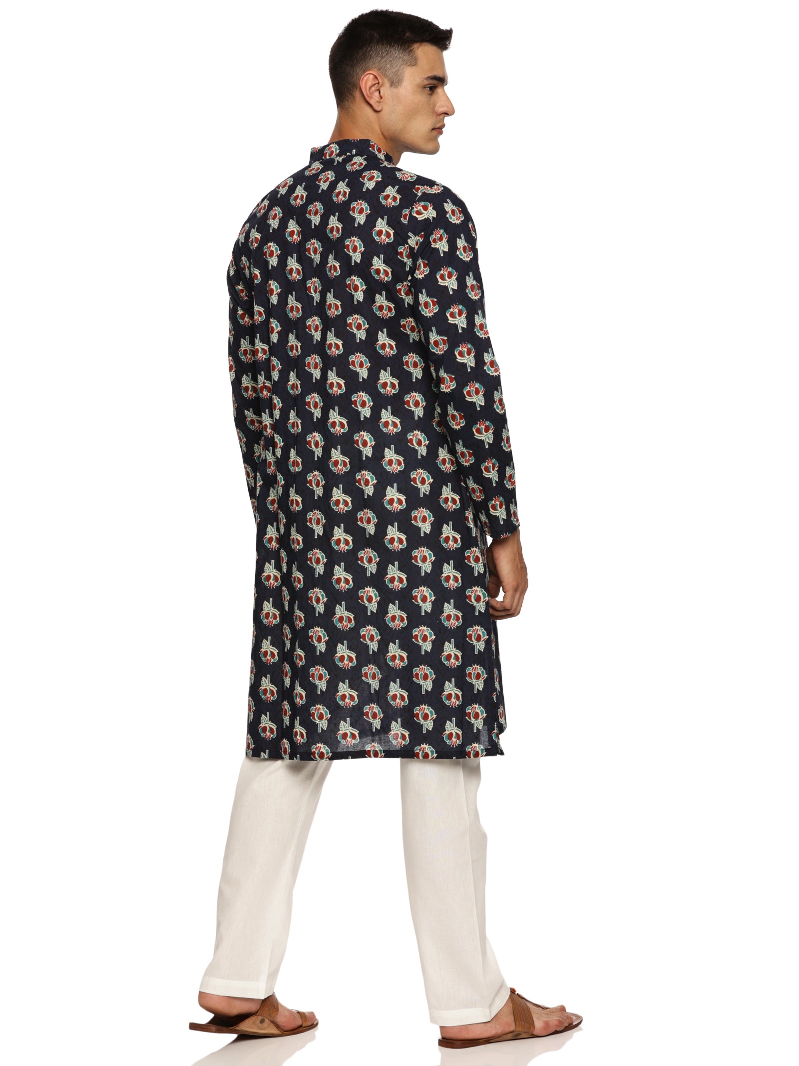 KuJee Crafts Men's Cotton Blend Printed Kurta Pajama Set(Blue base color)