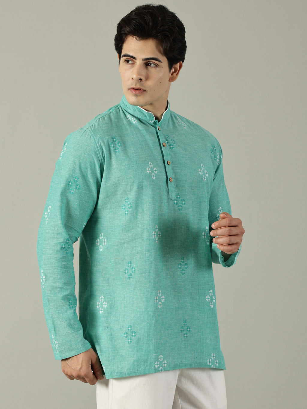 KuJee Crafts Men's Short Cotton Kurta with Dobby Texture in Green.