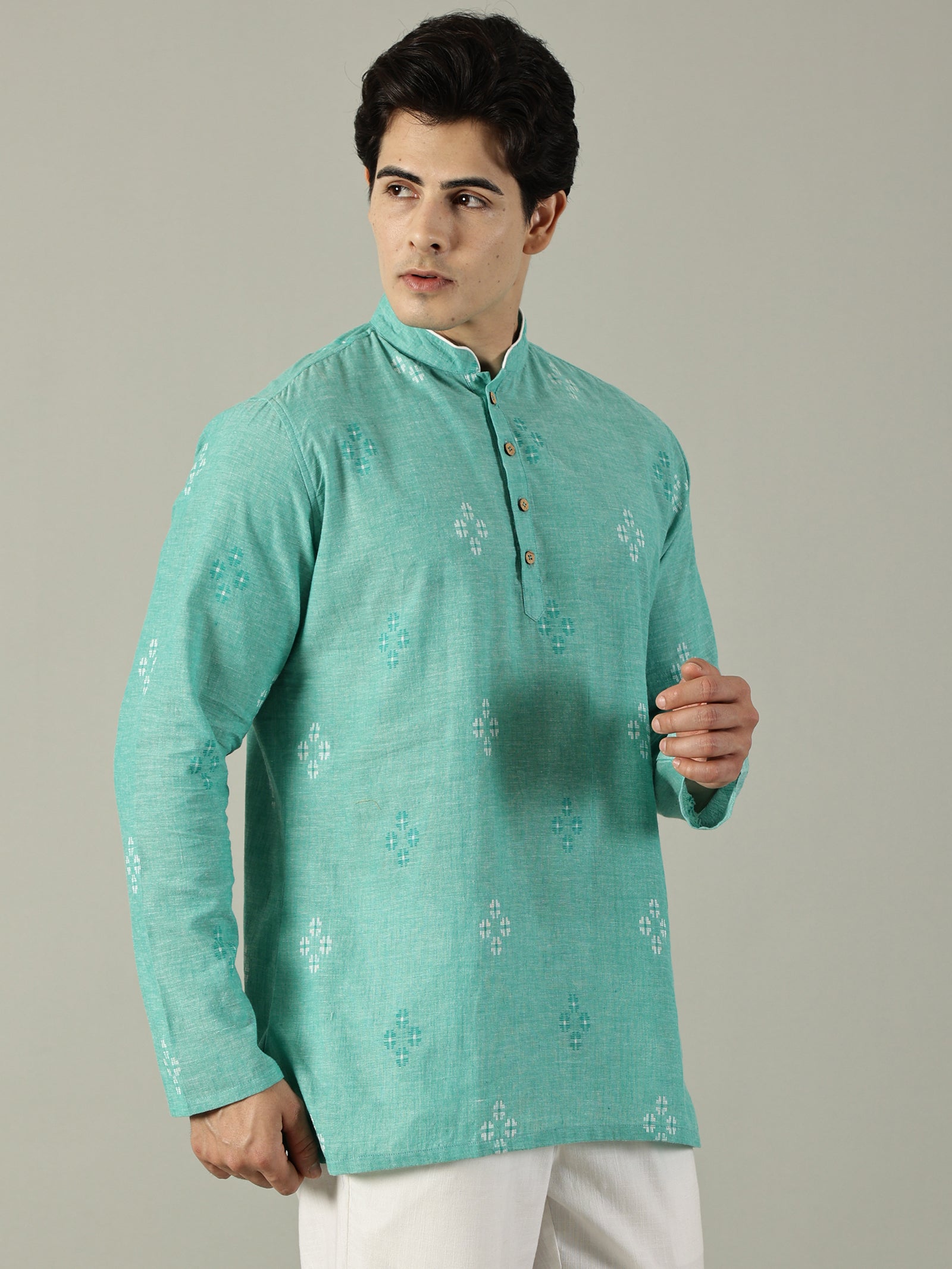 KuJee Crafts Men's Short Cotton Kurta with Dobby Texture in Green.