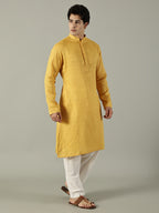 KuJee Crafts Men's Cotton Kurta Set ( Kurta & Pyjama) with in Yellow Color (2pcs).