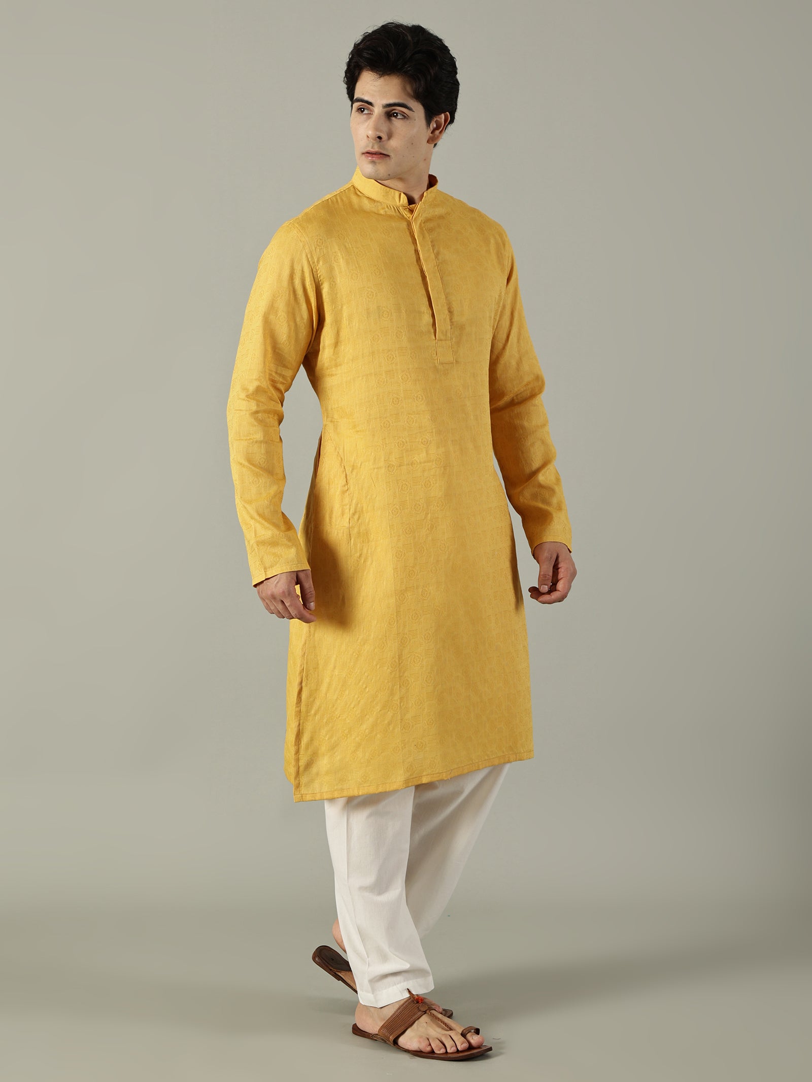 KuJee Crafts Men's Cotton Kurta Set ( Kurta & Pyjama) with in Yellow Color (2pcs).