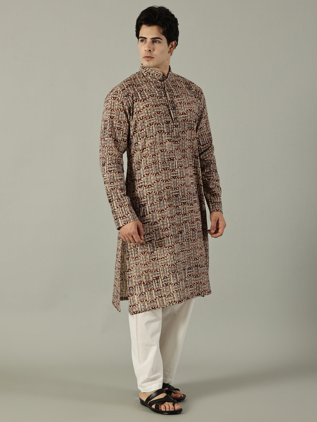 KuJee Crafts Men's Cotton Kalamkari Fabric Kurta Set ( Kurta & Pyjama) with Brown Base (2pcs).