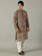 KuJee Crafts Men's Cotton Kalamkari Fabric Kurta Set ( Kurta & Pyjama) with Brown Base (2pcs).