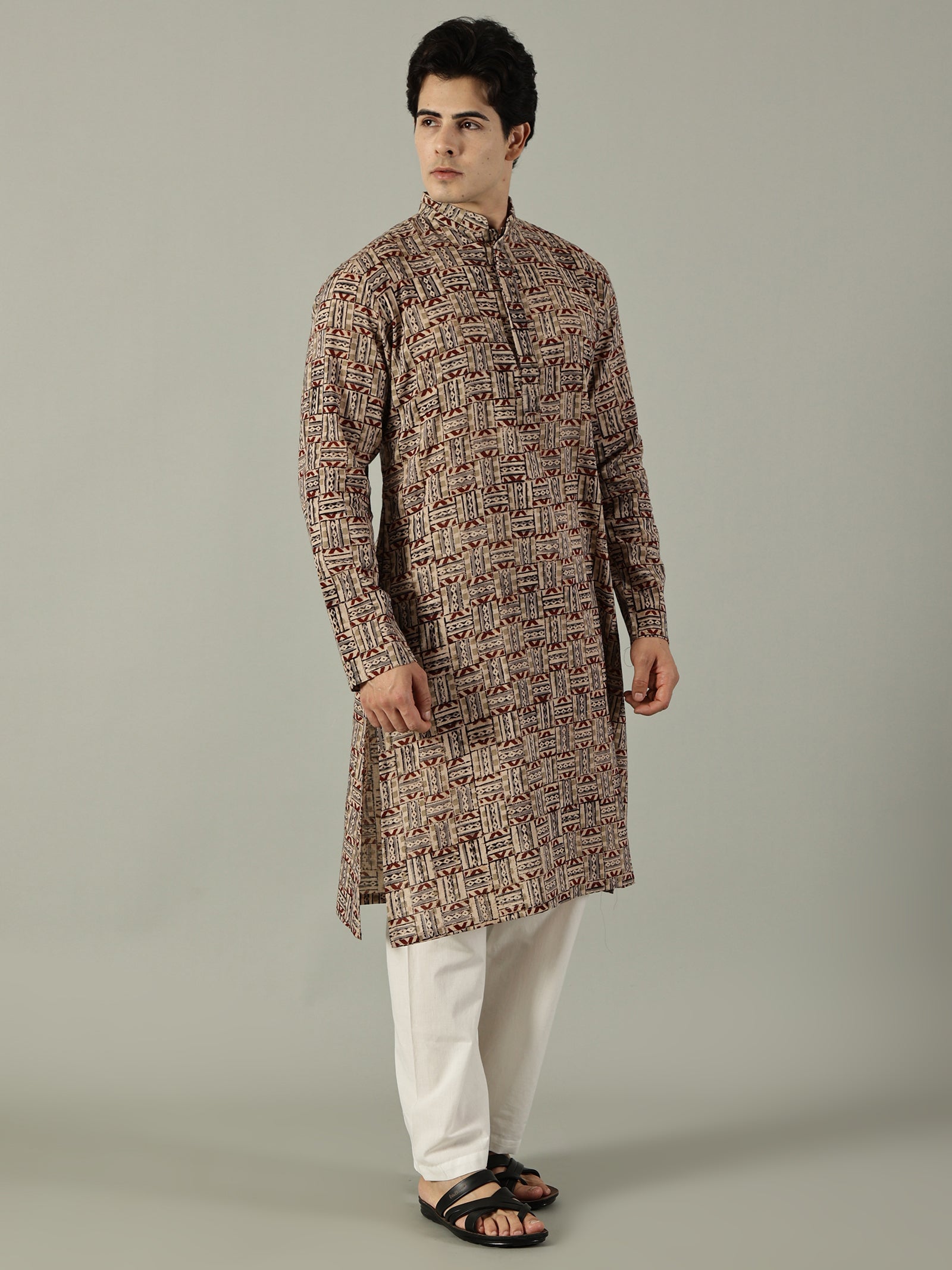 KuJee Crafts Men's Cotton Kalamkari Fabric Kurta Set ( Kurta & Pyjama) with Brown Base (2pcs).