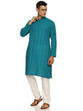 KuJee Crafts Men's Cotton Kurta with Dobby Texture in Blue Color.