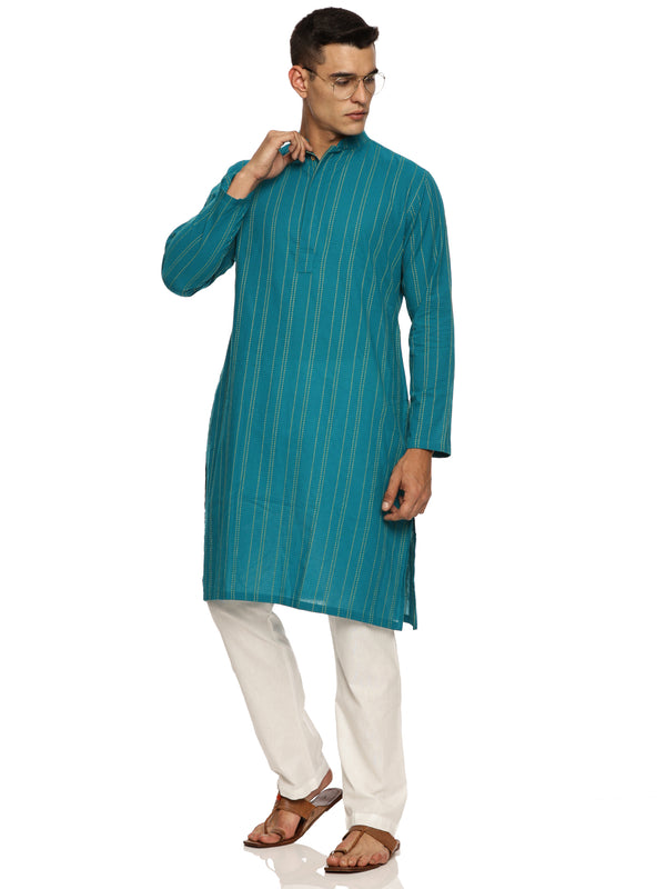 KuJee Crafts Men's Cotton Kurta with Dobby Texture in Blue Color.