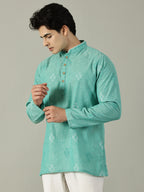 KuJee Crafts Men's Short Cotton Kurta with Dobby Texture in Green.