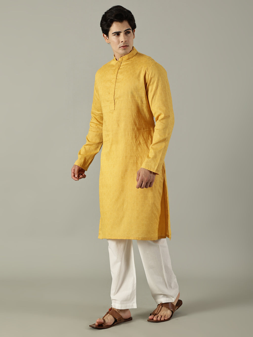 KuJee Crafts Men's Cotton Kurta with in Yellow Color.