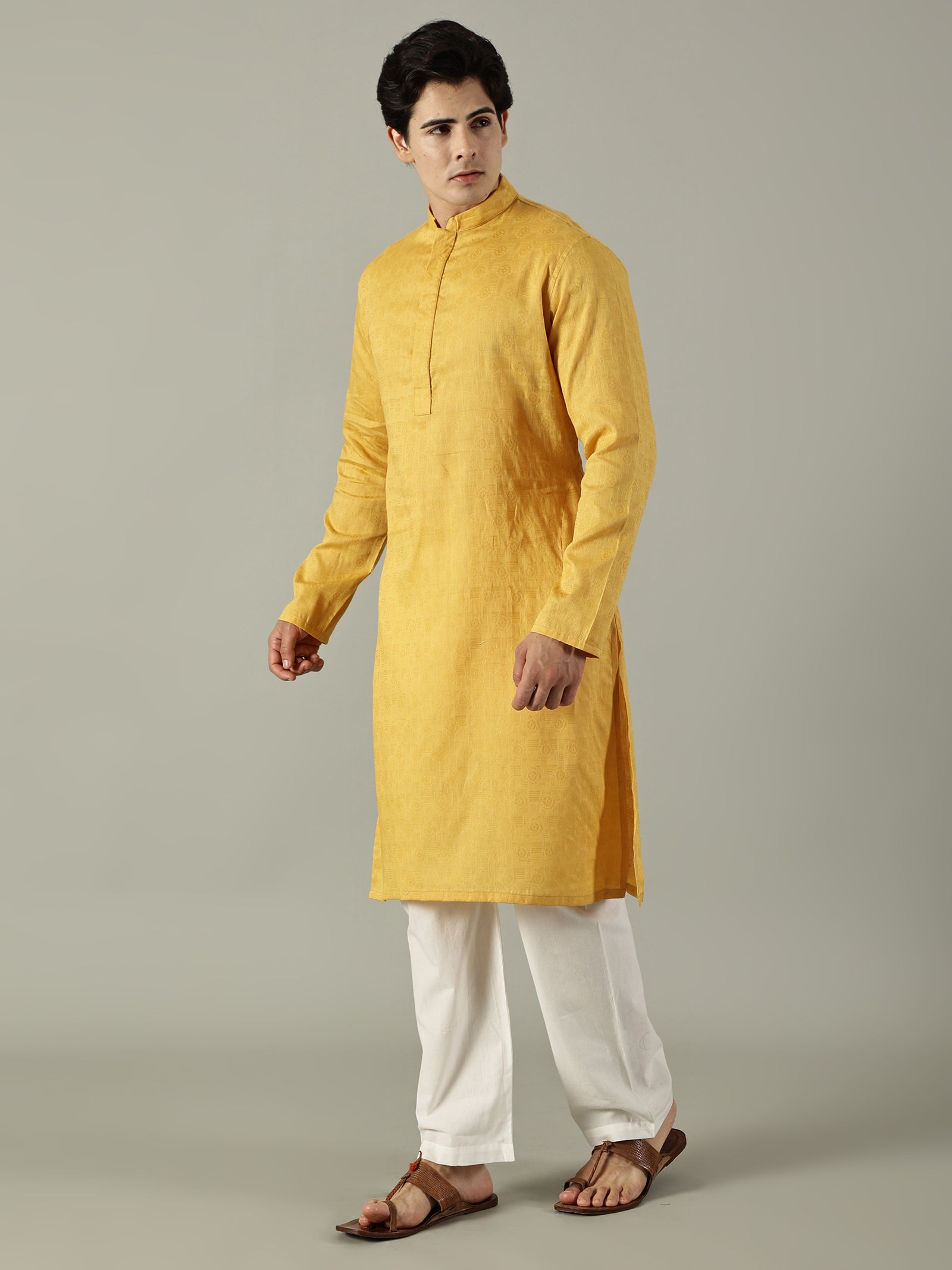 KuJee Crafts Men's Cotton Kurta with in Yellow Color.