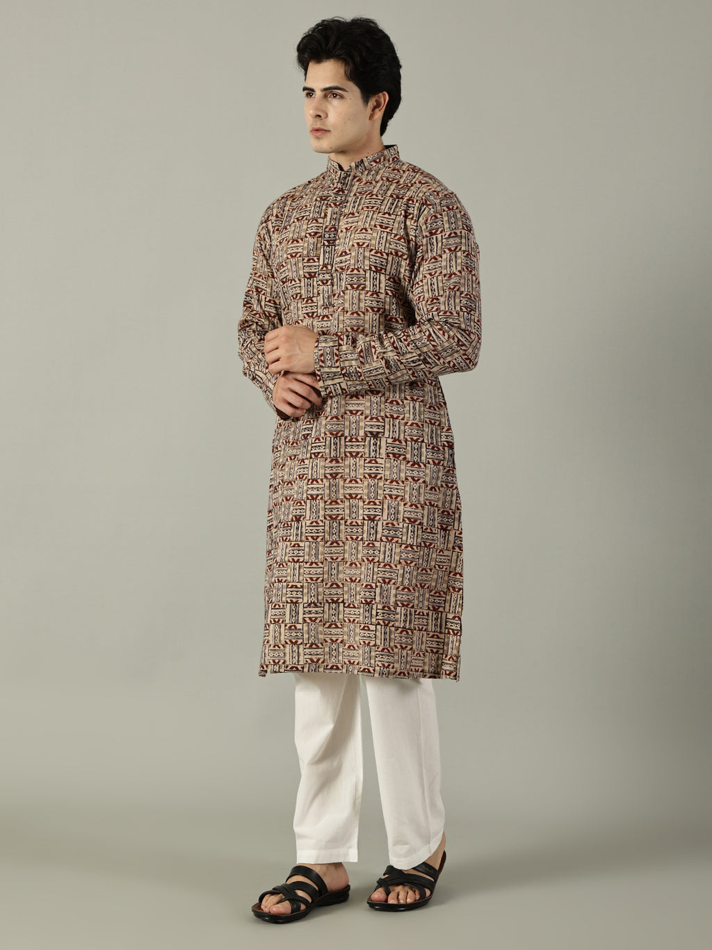 KuJee Crafts Men's Cotton Kalamkari Fabric Kurta with Brown Base