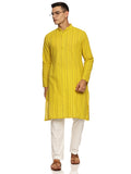KuJee Crafts Men’s Cotton Kurta with Dobby Texture in Yellow Color.