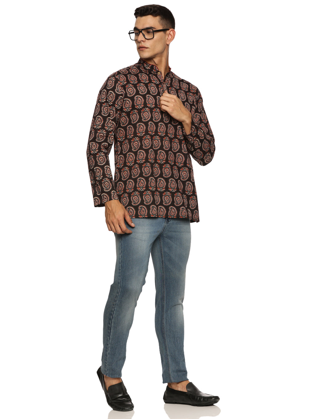 KuJee Crafts Men’s Short Kurta in Premium Cotton Ajrak Fabric