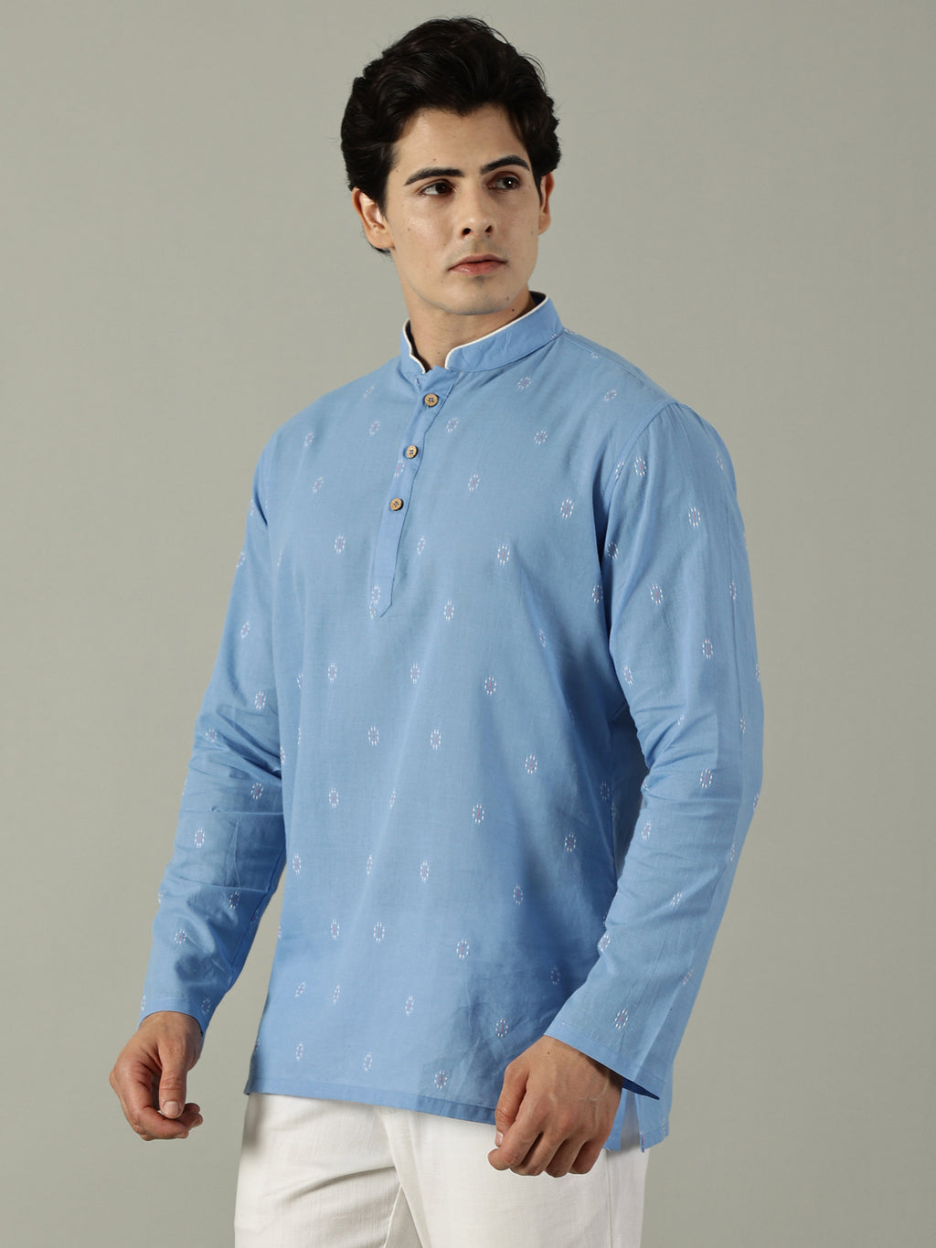 KuJee Crafts Men's Short Cotton Kurta with Dobby Texture in Blue.
