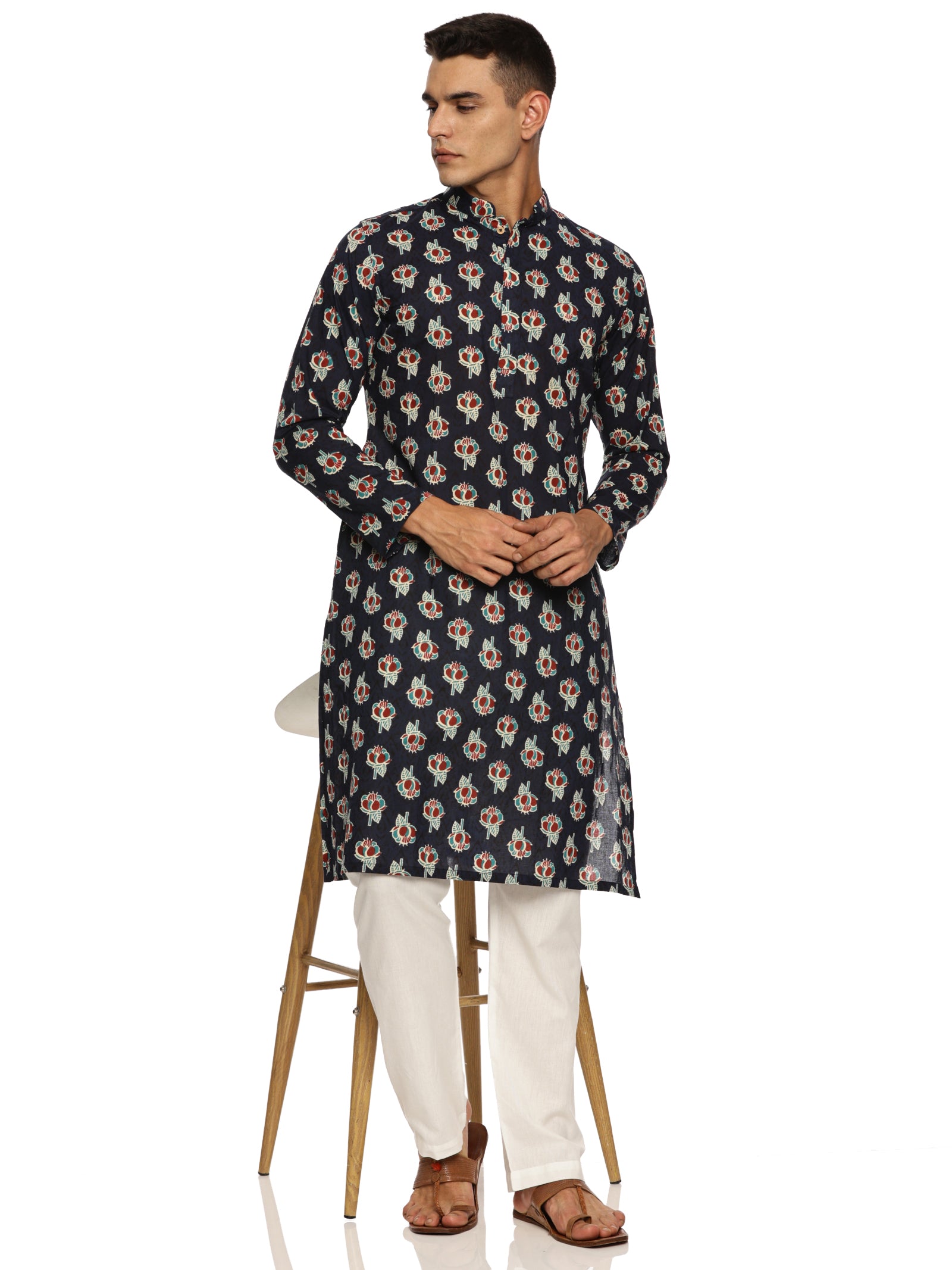 KuJee Crafts Men's Cotton Blend Printed Kurta (Blue base color)
